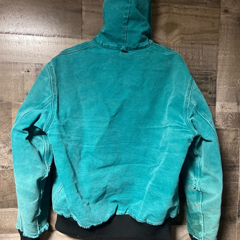 Vintage Carhartt Men’s faded Teal Distressed Hooded Work Jacket XL - Picture 4 of 12